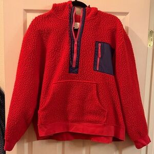 J. Crew Red Sherpa Pullover with Navy and Pink Pocket